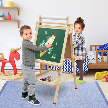 ARKMIIDO Kinder-Staffelei aus Holz, Kunststaffelei, verstellbar, Stehstaffelei, doppelseitig, Zeichenstaffelei mit Papierrolle, Kreidetafel und Whiteboard,