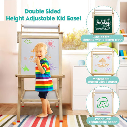ARKMIIDO Kinder-Staffelei aus Holz, Kunststaffelei, verstellbar, Stehstaffelei, doppelseitig, Zeichenstaffelei mit Papierrolle, Kreidetafel und Whiteboard,