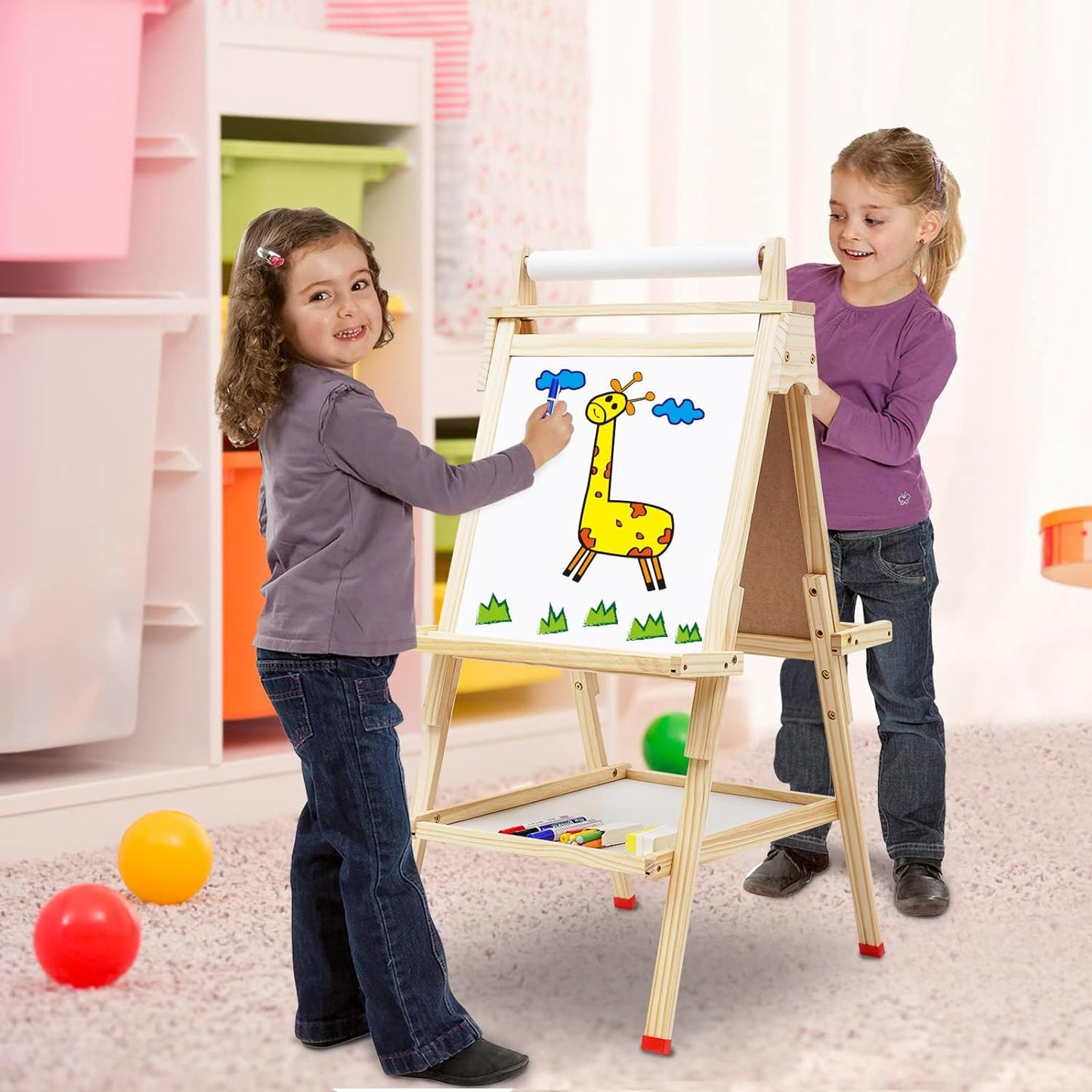 ARKMIIDO Kinder-Staffelei aus Holz, Kunststaffelei, verstellbar, Stehstaffelei, doppelseitig, Zeichenstaffelei mit Papierrolle, Kreidetafel und Whiteboard,