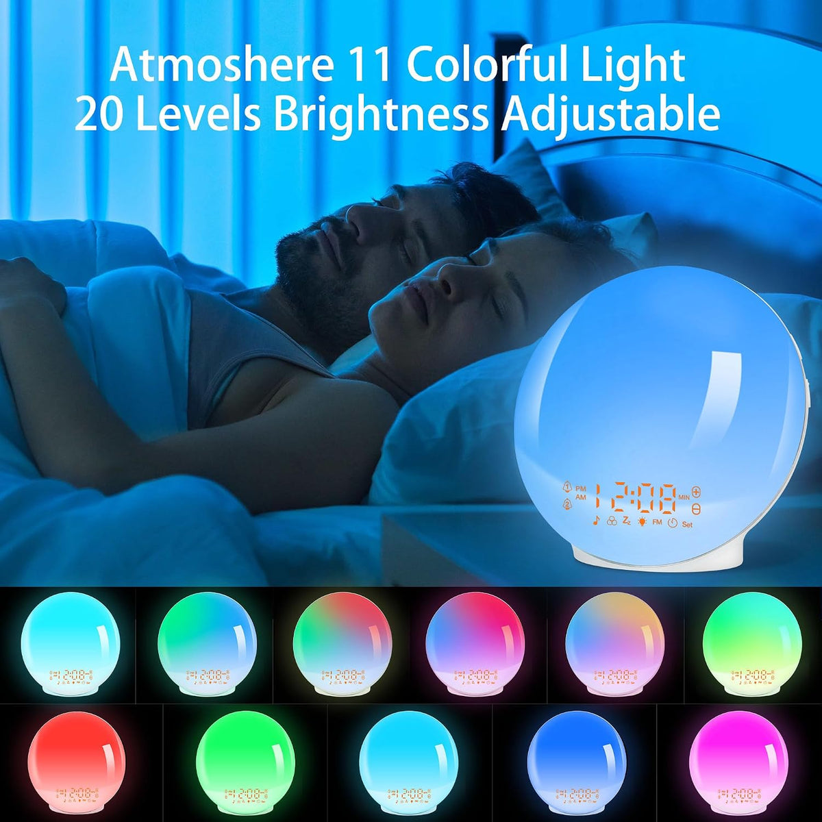 Tageslichtwecker Lichtwecker Wake up Light,Wecker Radio, 2 Alarmen Snooze 11 Farblicht
