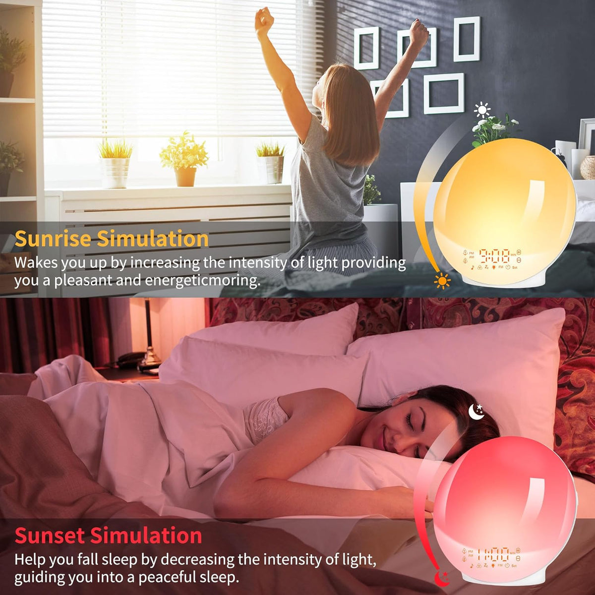 Tageslichtwecker Lichtwecker Wake up Light,Wecker Radio, 2 Alarmen Snooze 11 Farblicht