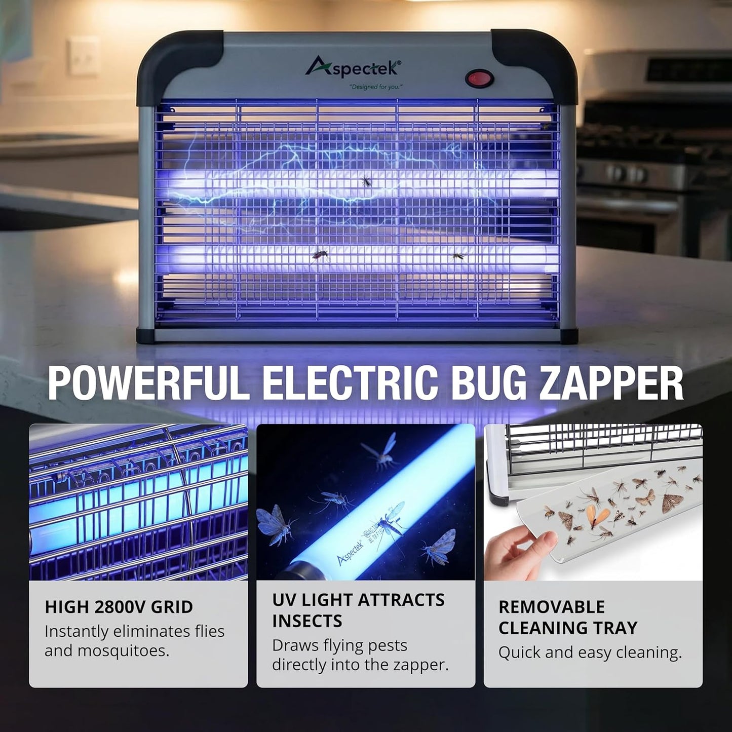 ASPECTEK Elektrischer Insektenvernichter 20W 2800V – UV Mückenfalle& Fliegenfalle