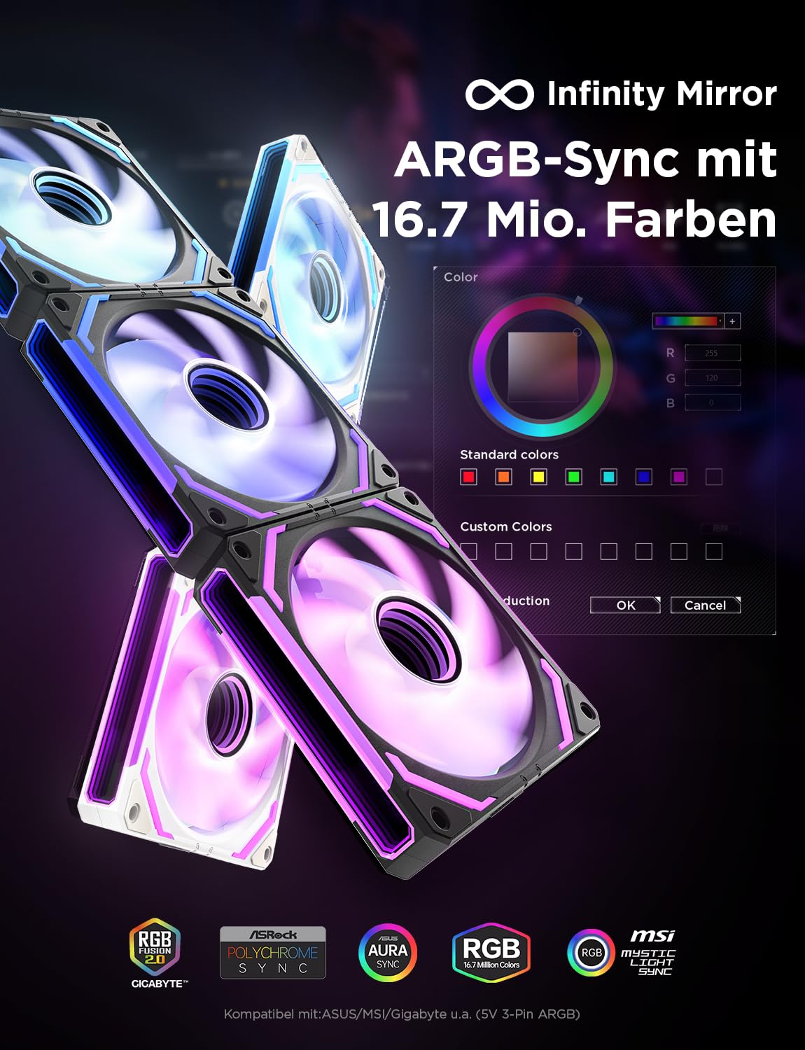 AsiaHorse COSMIQ RGB PC Lüfter 120MM Gehäuselüfter 3 Stück, ARGB Schwarz