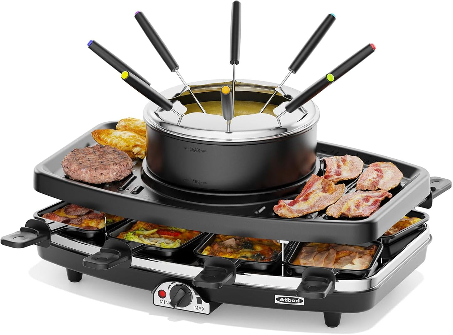 Atbod Elektrisches Fondue-Topf-Set, elektrischer Indoor-Raclette-Tischgrill für 8 Personen,