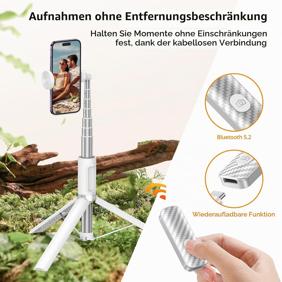 ATUMTEK Selfie Stick Stativ Bluetooth 140cm, für Smartphone mit Fernbedienung Weiß