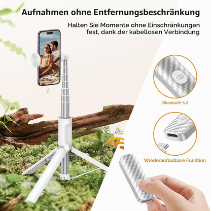 ATUMTEK Selfie Stick Stativ Bluetooth 140cm, für Smartphone mit Fernbedienung Weiß