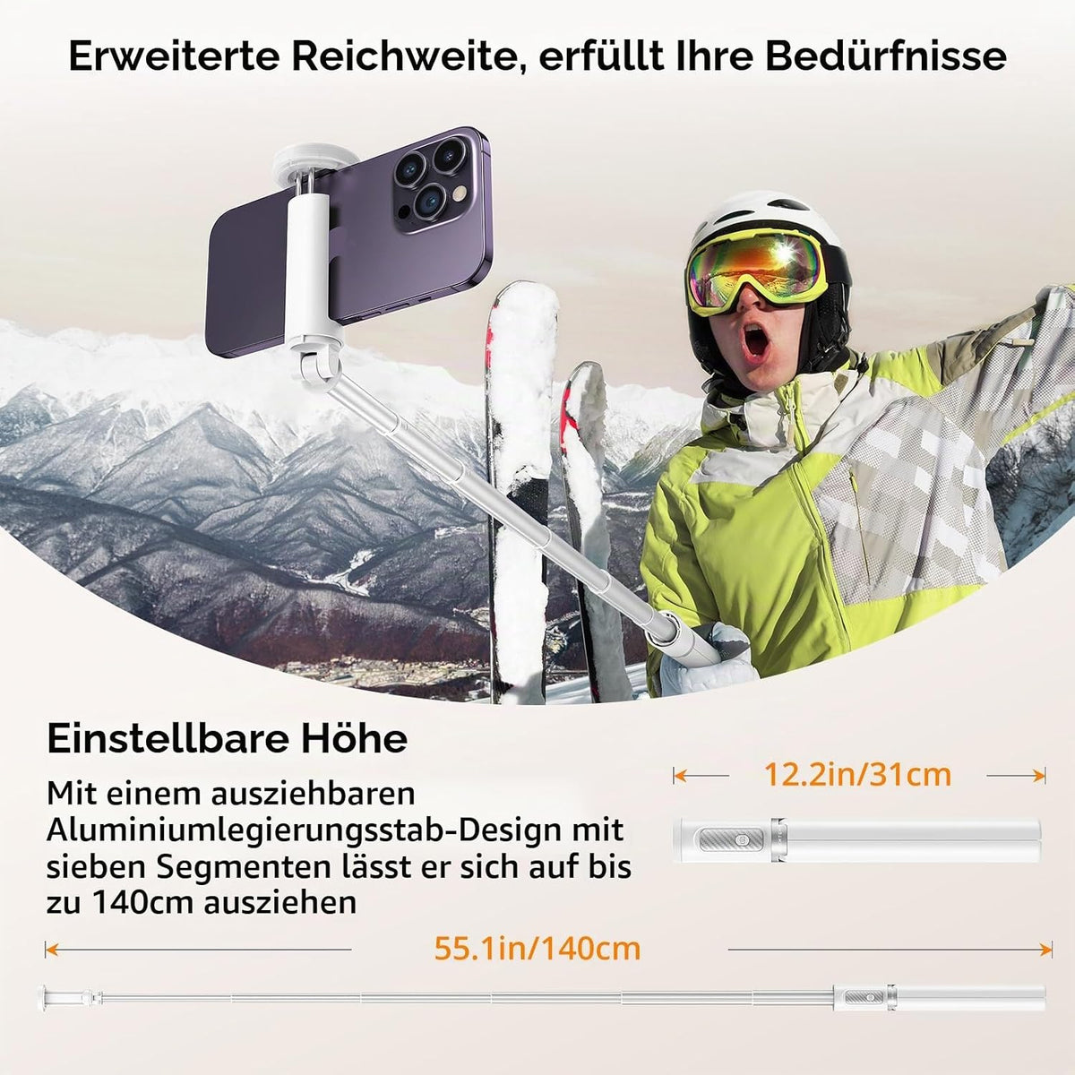 ATUMTEK Selfie Stick Stativ Bluetooth 140cm, für Smartphone mit Fernbedienung Weiß
