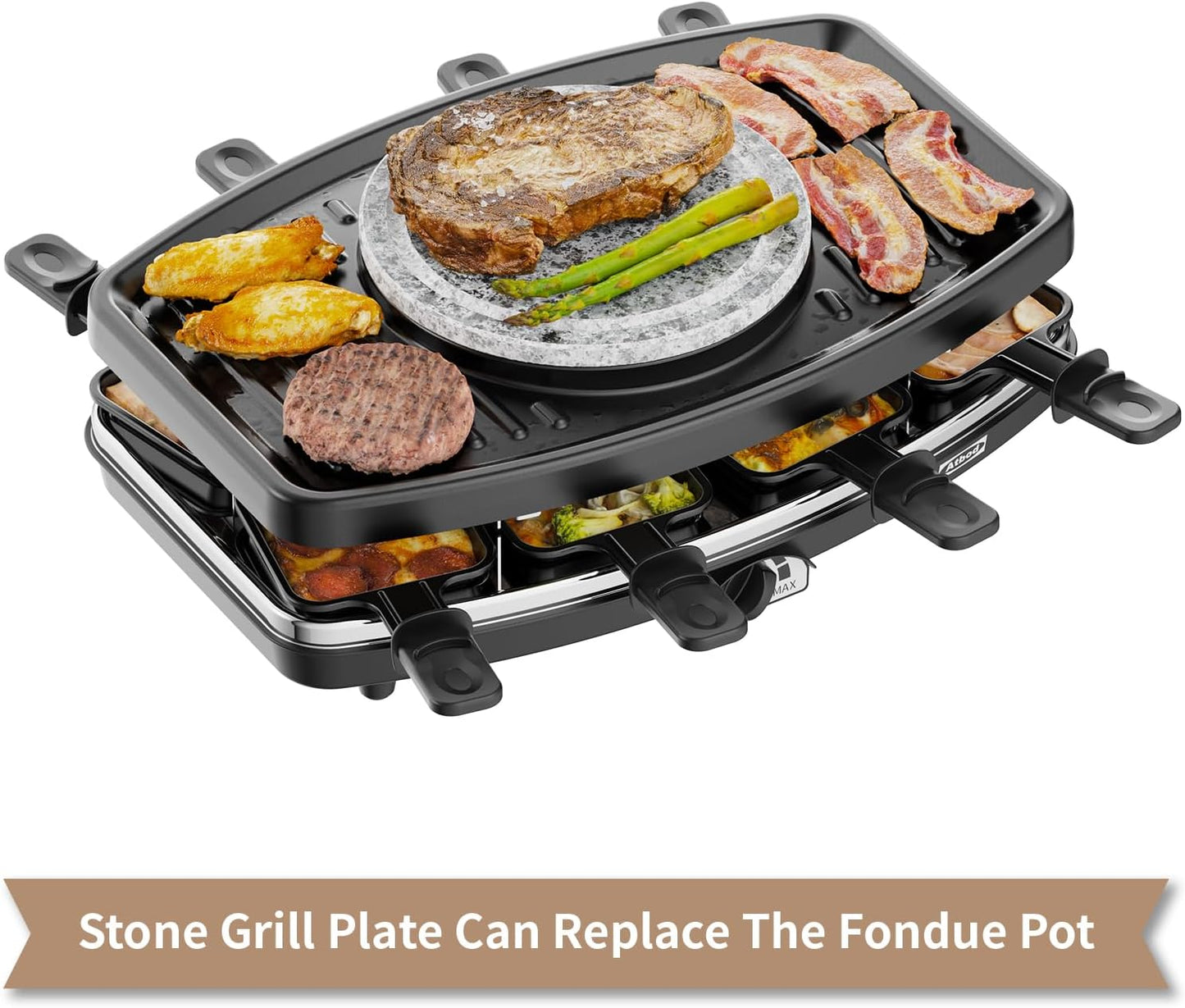 Atbod Elektrisches Fondue-Topf-Set, elektrischer Indoor-Raclette-Tischgrill für 8 Personen,