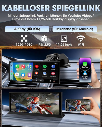 11,26 Zoll CarplayDisplay & Android Auto mit Stehender Halterung mit IPS Touchscreen,
