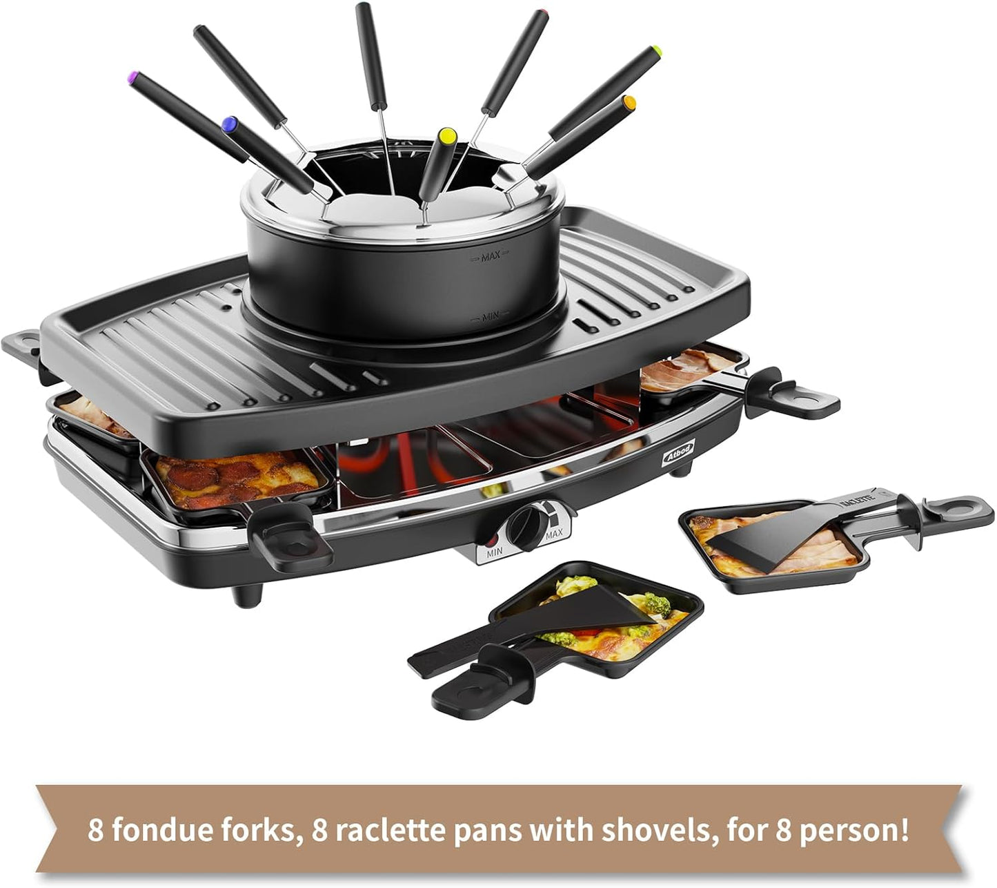 Atbod Elektrisches Fondue-Topf-Set, elektrischer Indoor-Raclette-Tischgrill für 8 Personen,