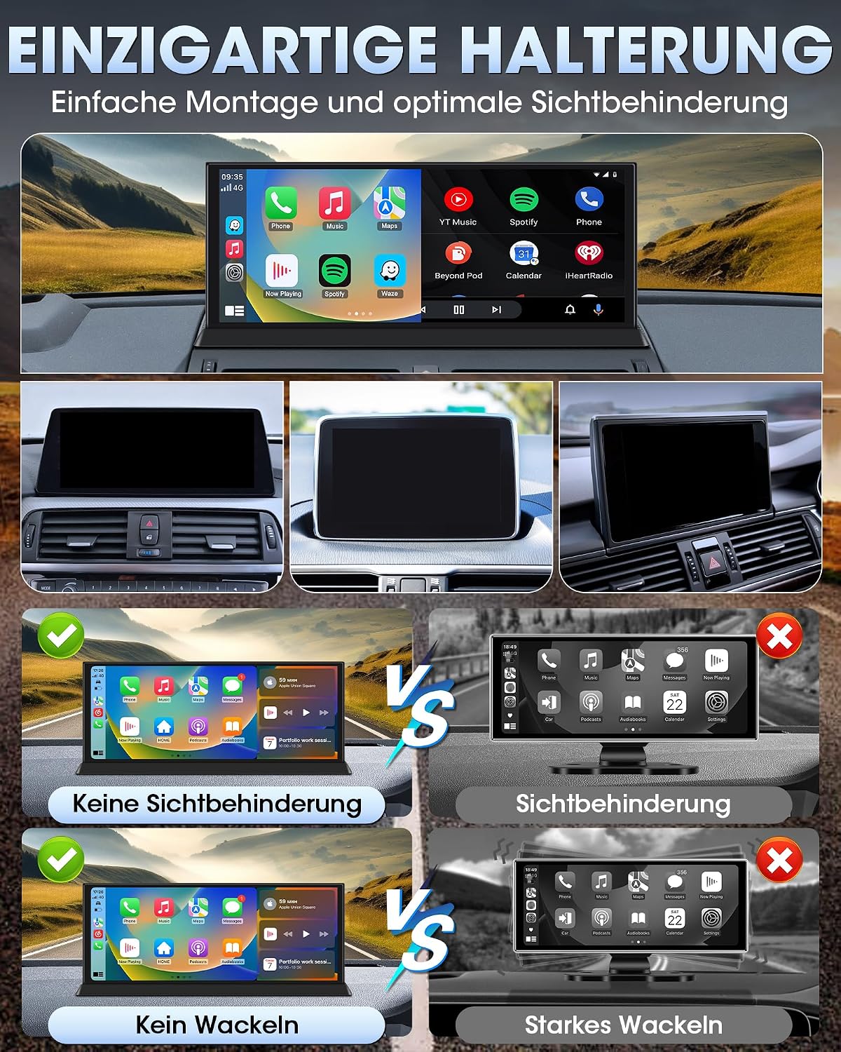 11,26 Zoll CarplayDisplay & Android Auto mit Stehender Halterung mit IPS Touchscreen,