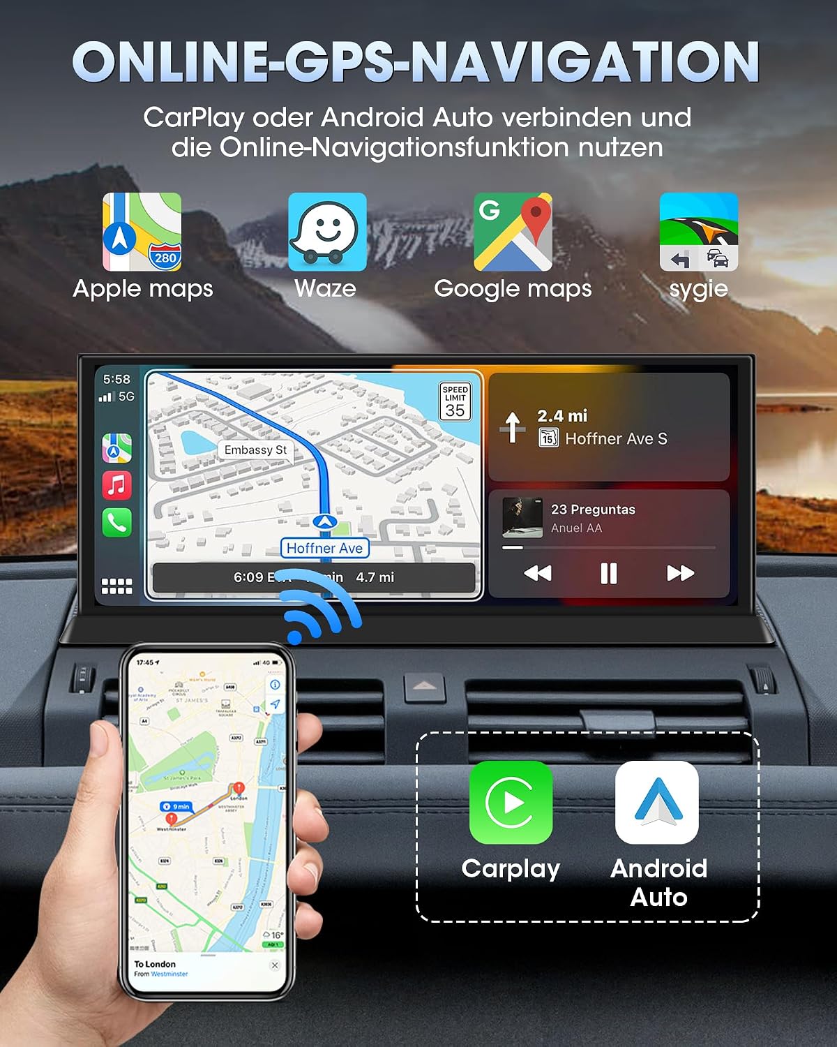 11,26 Zoll CarplayDisplay & Android Auto mit Stehender Halterung mit IPS Touchscreen,