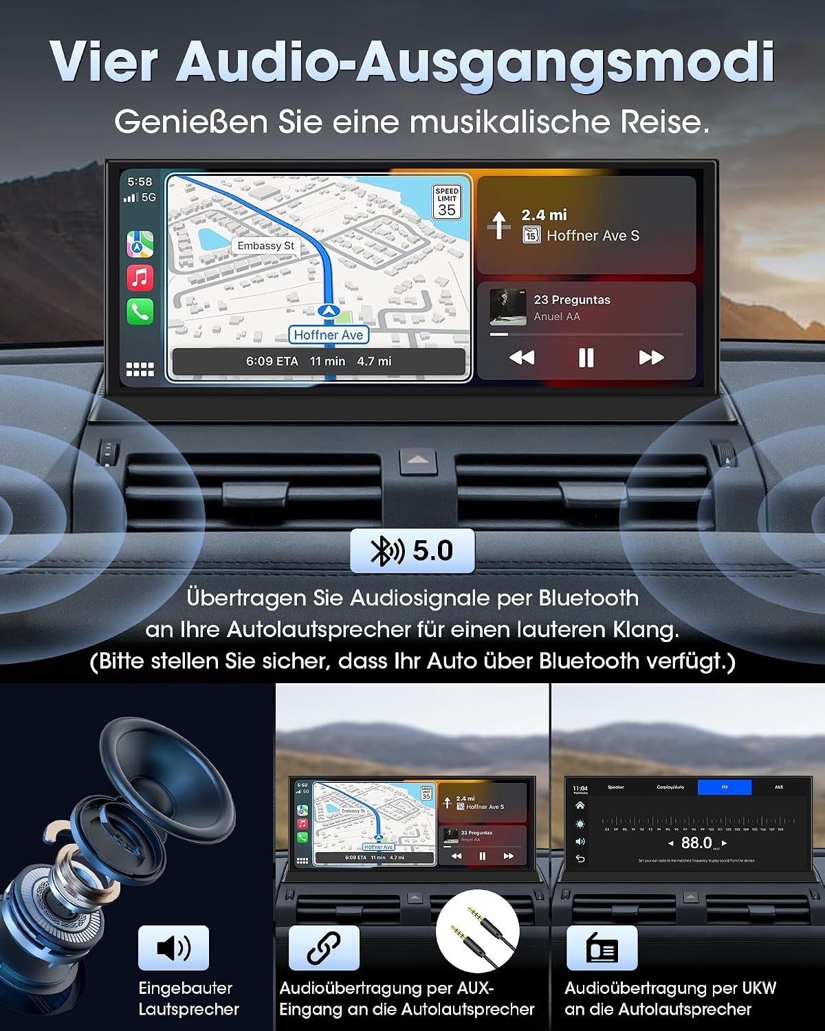 11,26 Zoll CarplayDisplay & Android Auto mit Stehender Halterung mit IPS Touchscreen,