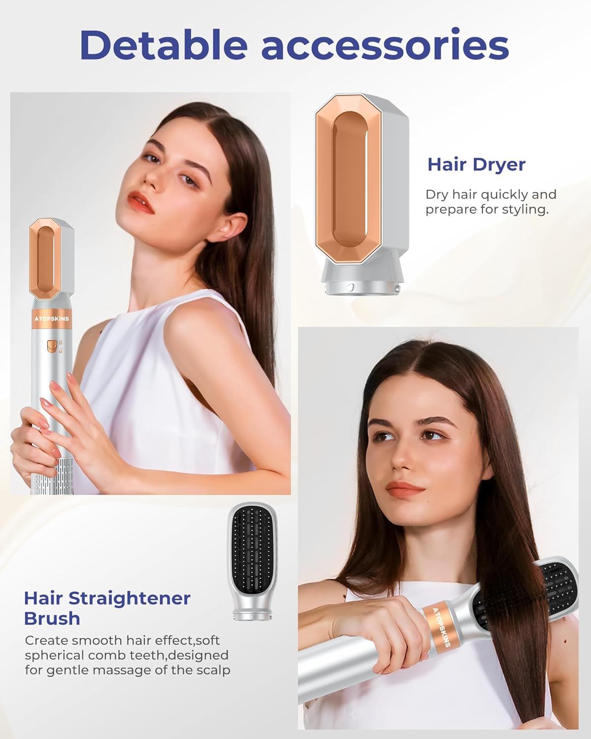Atopskins Hair styler 6 in 1 Air styler mit Hairstyler Föhnbürste Warmluftbürste Haartrockner Lockenstab, Glättbürste