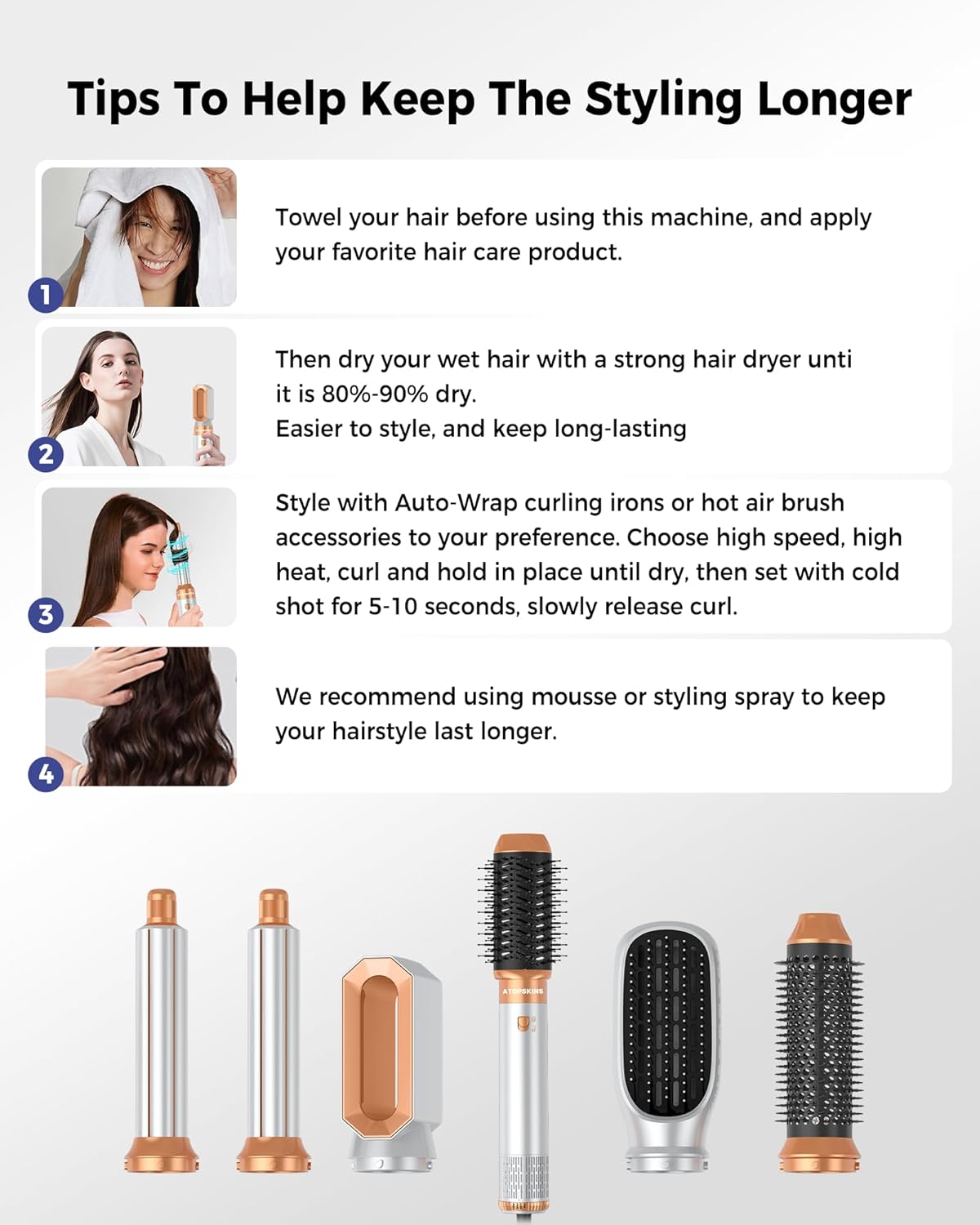Atopskins Hair styler 6 in 1 Air styler mit Hairstyler Föhnbürste Warmluftbürste Haartrockner Lockenstab, Glättbürste