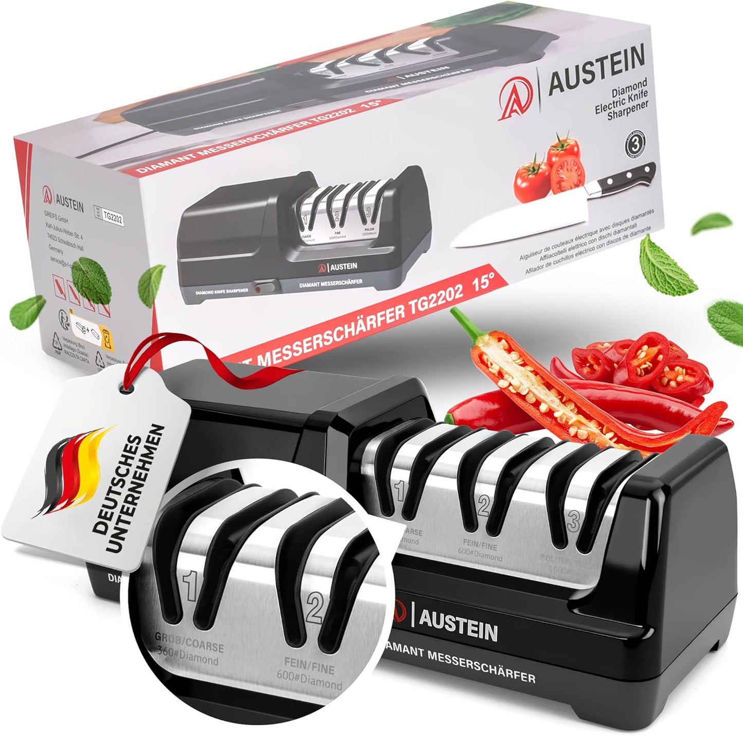 AUSTEIN® Diamant Messerschärfer elektrisch  3 Phasen mit Spänekollektor