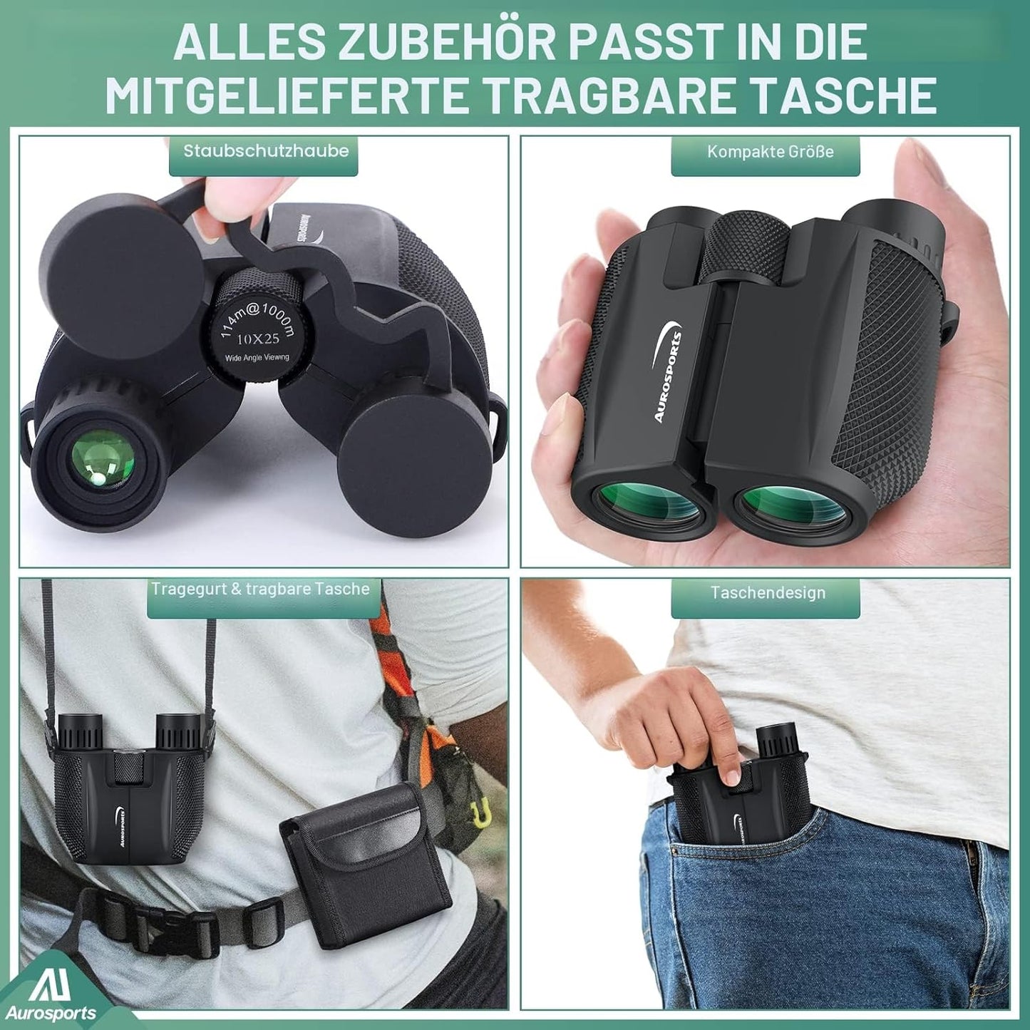 Aurosports Fernglas 10x25 Kompakt Ferngläser Kinder Erwachsene Klein Nachtsicht