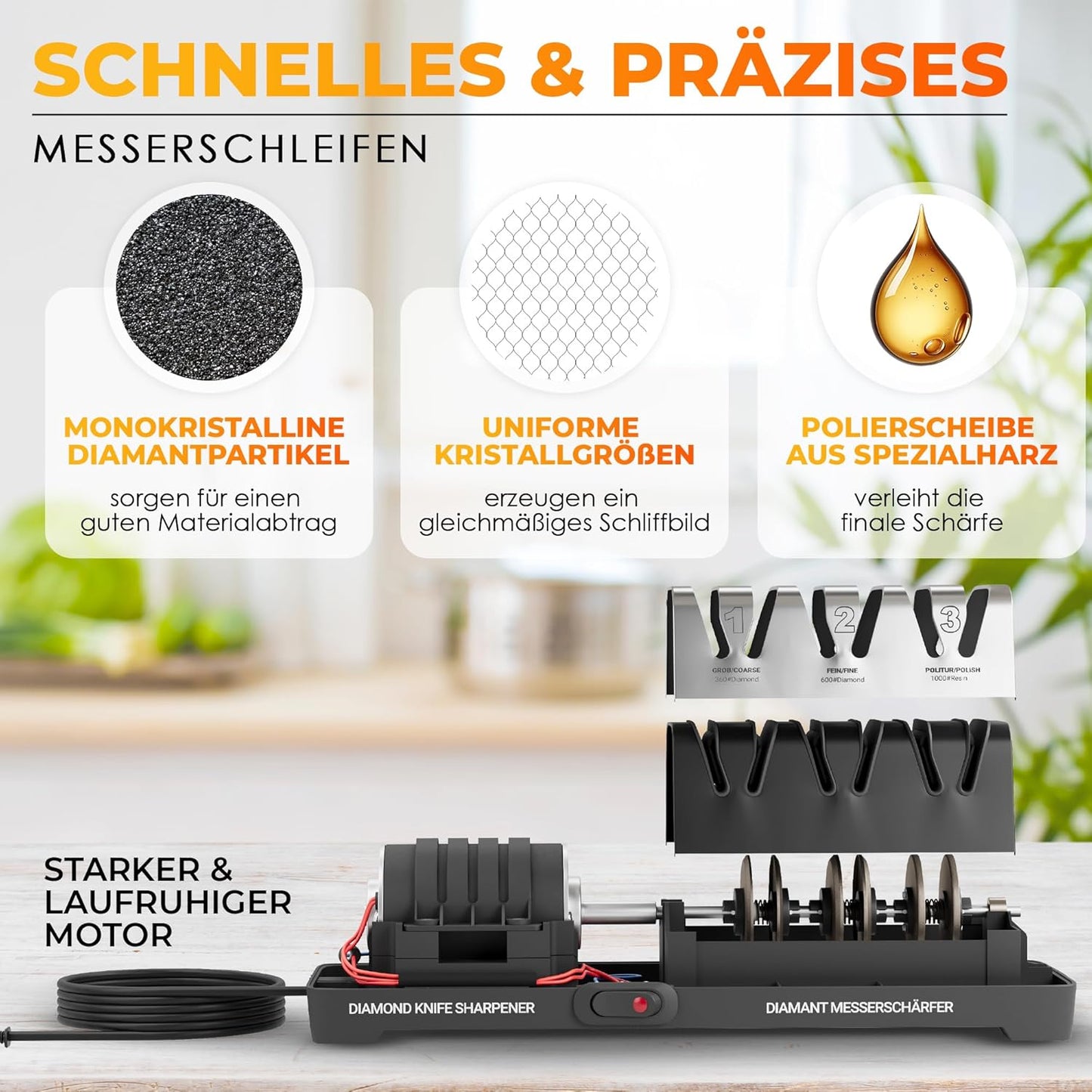 AUSTEIN® Diamant Messerschärfer elektrisch  3 Phasen mit Spänekollektor