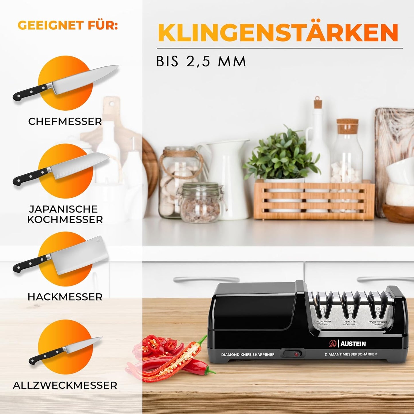 AUSTEIN® Diamant Messerschärfer elektrisch  3 Phasen mit Spänekollektor