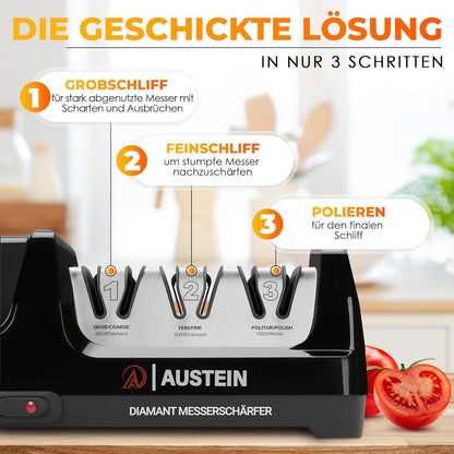 AUSTEIN® Diamant Messerschärfer elektrisch  3 Phasen mit Spänekollektor