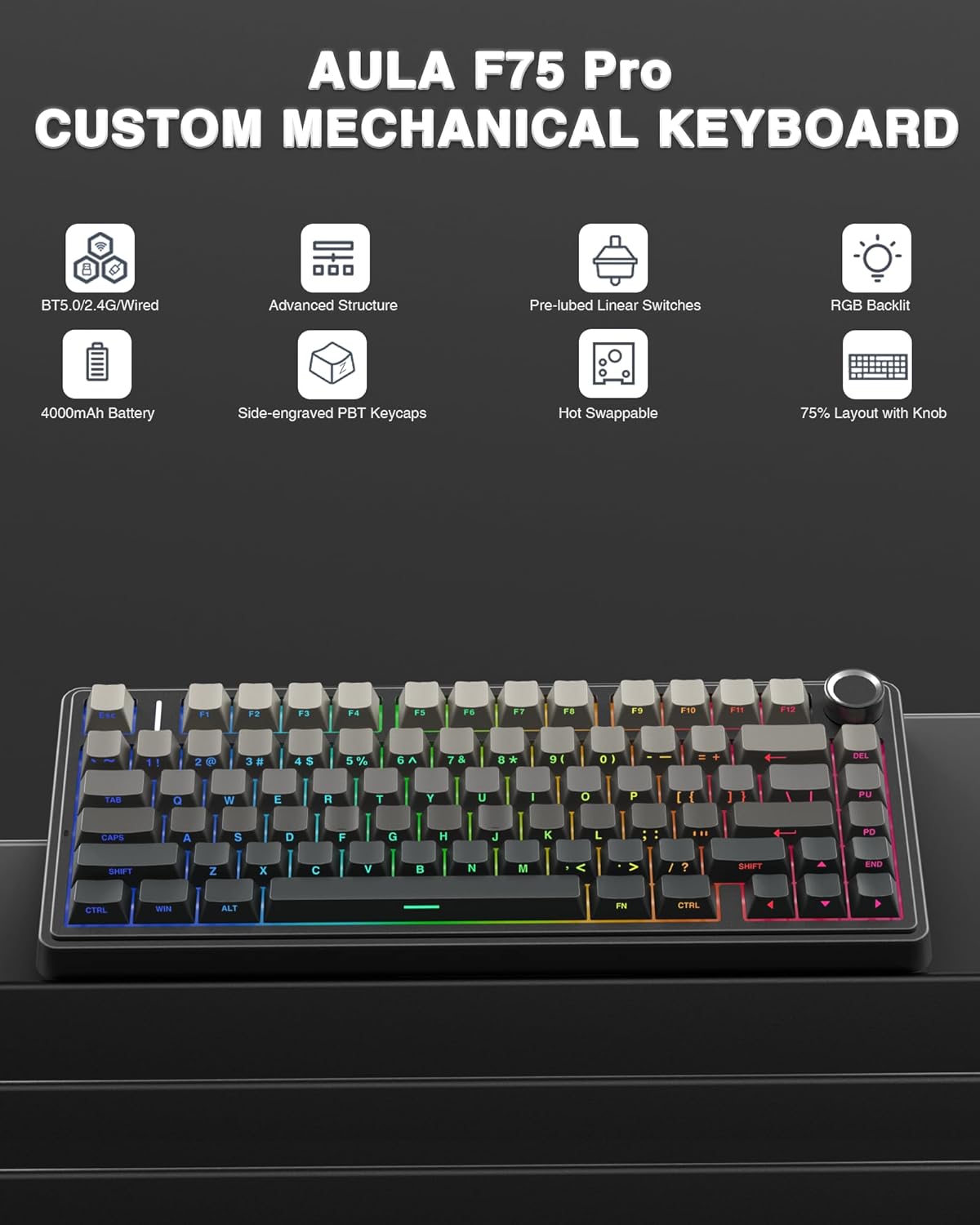 AULA F75 PRO Mechanische Tastatur Gaming,2.4GHz/Type-C/BT5.0 Mechanical Keyboard