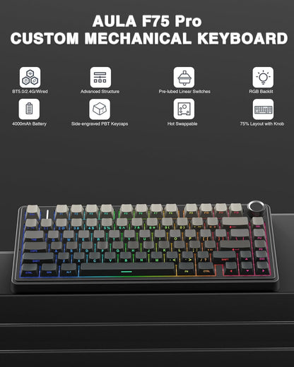AULA F75 PRO Mechanische Tastatur Gaming,2.4GHz/Type-C/BT5.0 Mechanical Keyboard