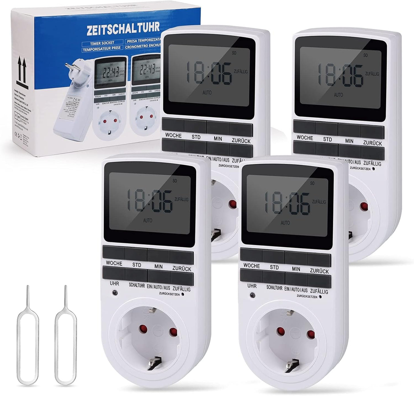 4 X Digitale Elektrische Zeitschaltuhr Steckdose mit Deutsche System und Tasten 10 konfigurierbare Programme 12/24h Modus, Weiß, 4 stück