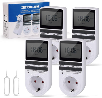 4 X Digitale Elektrische Zeitschaltuhr Steckdose mit Deutsche System und Tasten 10 konfigurierbare Programme 12/24h Modus, Weiß, 4 stück