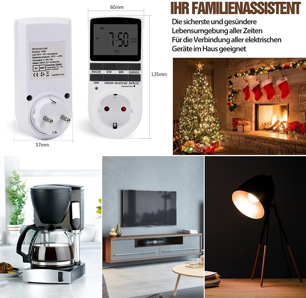 4 X Digitale Elektrische Zeitschaltuhr Steckdose mit Deutsche System und Tasten 10 konfigurierbare Programme 12/24h Modus, Weiß, 4 stück