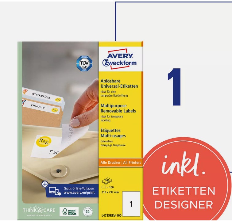 100XAVERY Zweckform Etiketten L4735REV 100  210,0 x 297,0 mm weiß