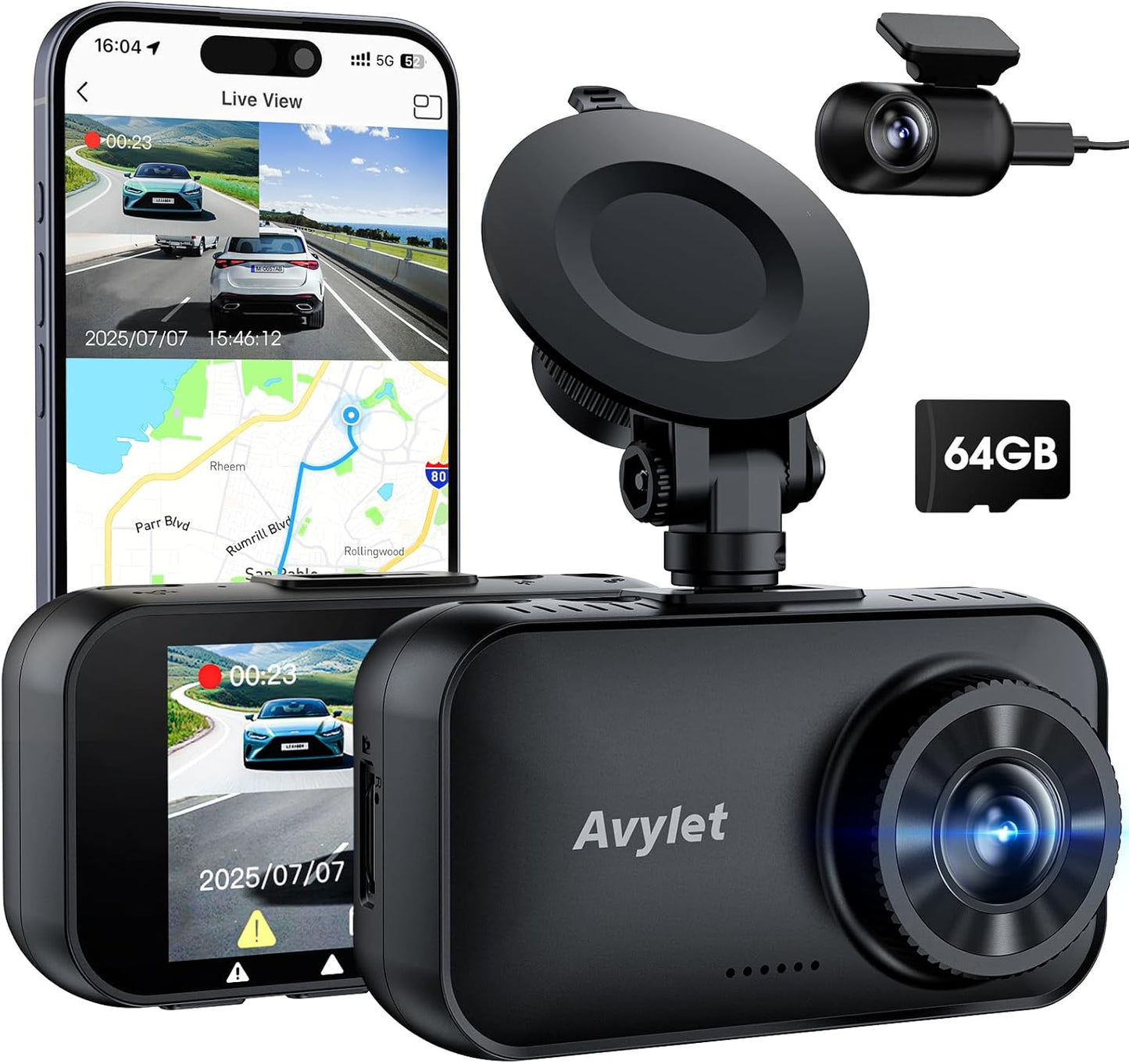 Avylet 4K/2.5K+1080P Dashcam 5GHz WiFi Dual Autokamera mit 64GB SD Karte