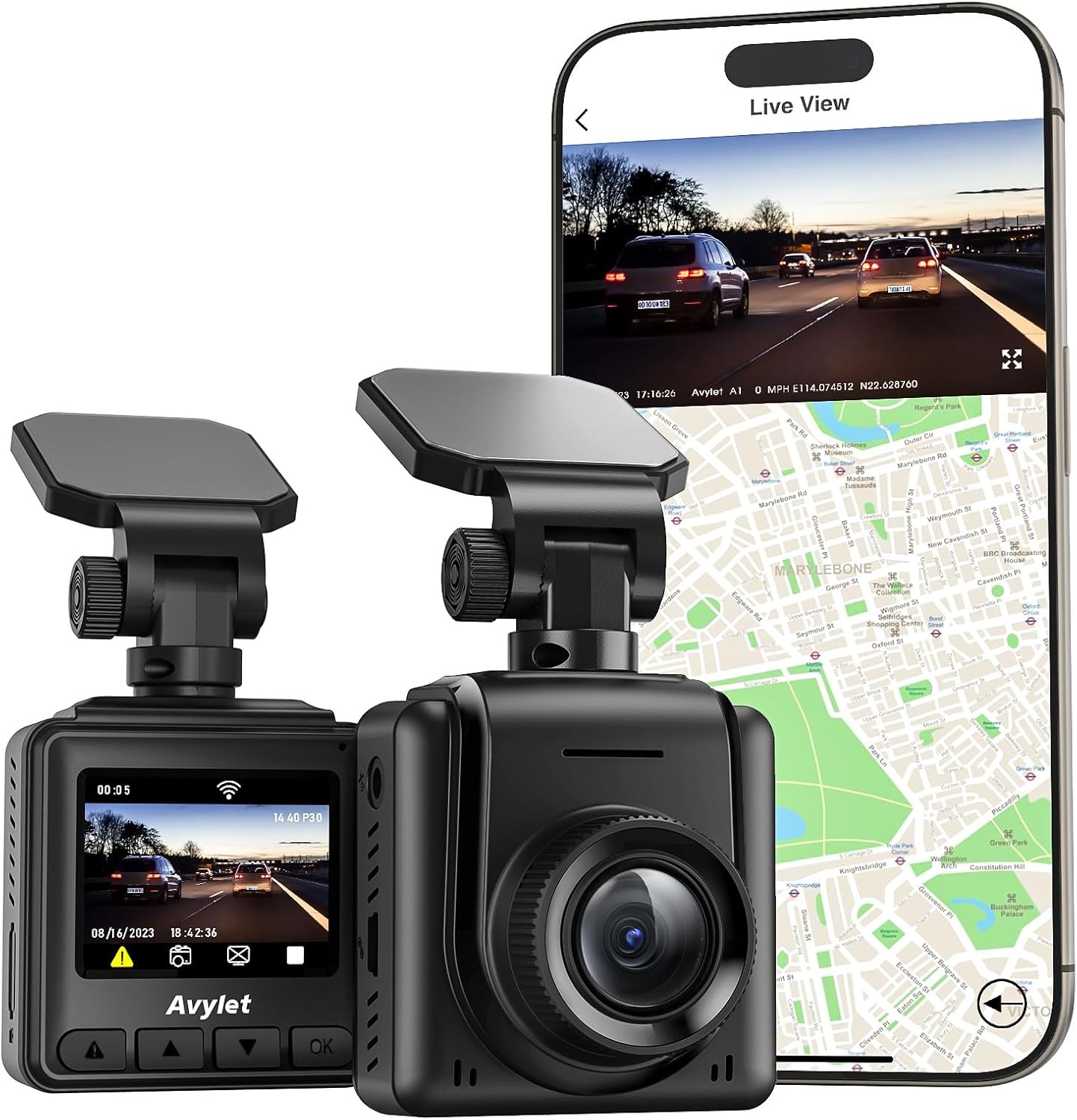 Avylet 2K Dashcam Wi-Fi, Mini Autokamera mit APP,170° Weitwinkel, Nachtsicht, 24h Parkmonitoring