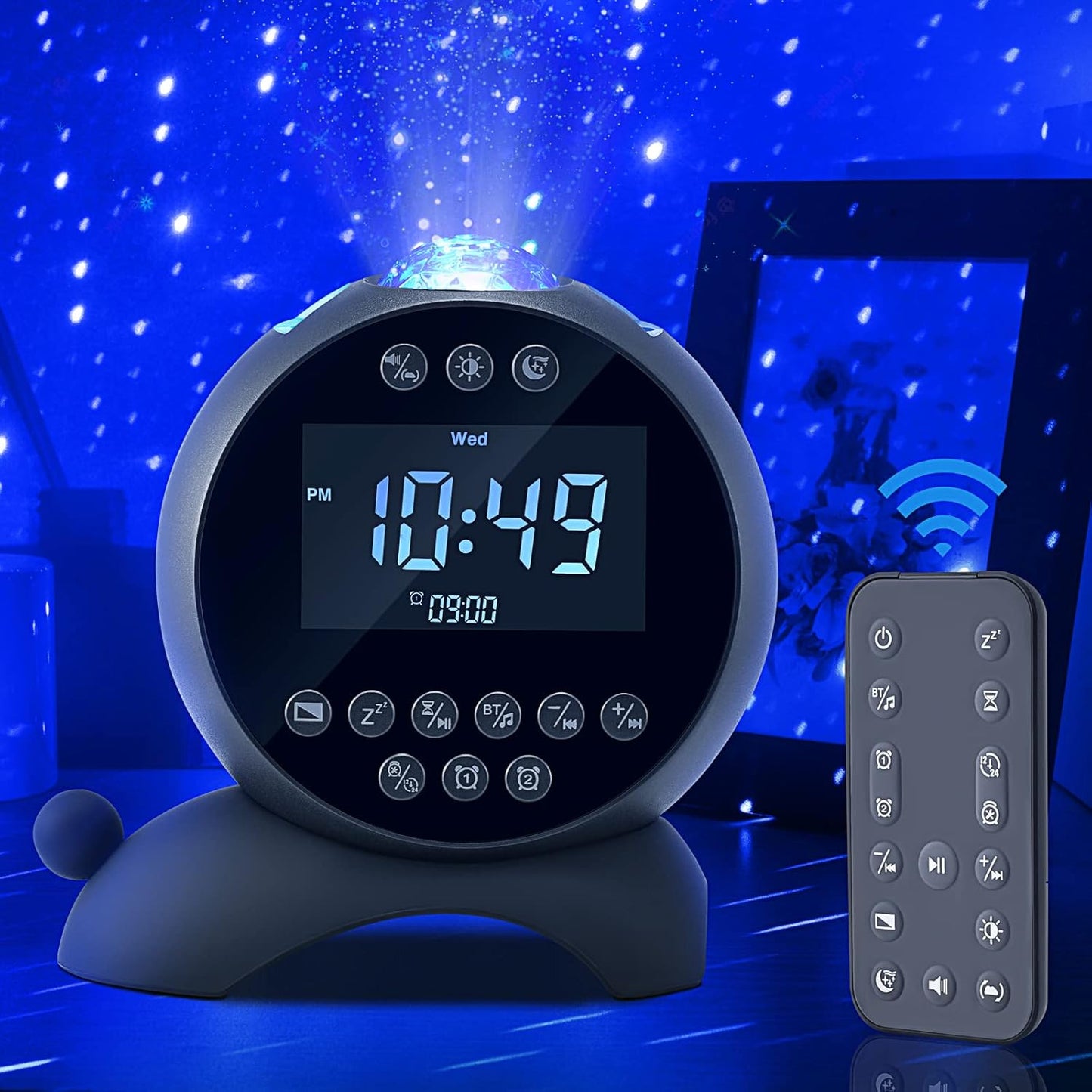 ARVOV Wecker Sternenhimmel projektor, Galaxy Nightprojector, Bluetooth Lautsprecher Soundmaschine 14 beruhigende Geräusche Fernbedienung für Kinder Erwachsene
