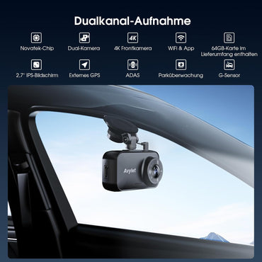 Avylet 4K/2.5K+1080P Dashcam 5GHz WiFi Dual Autokamera mit 64GB SD Karte