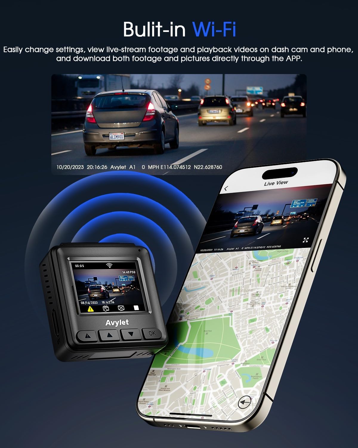 Avylet 2K Dashcam Wi-Fi, Mini Autokamera mit APP,170° Weitwinkel, Nachtsicht, 24h Parkmonitoring