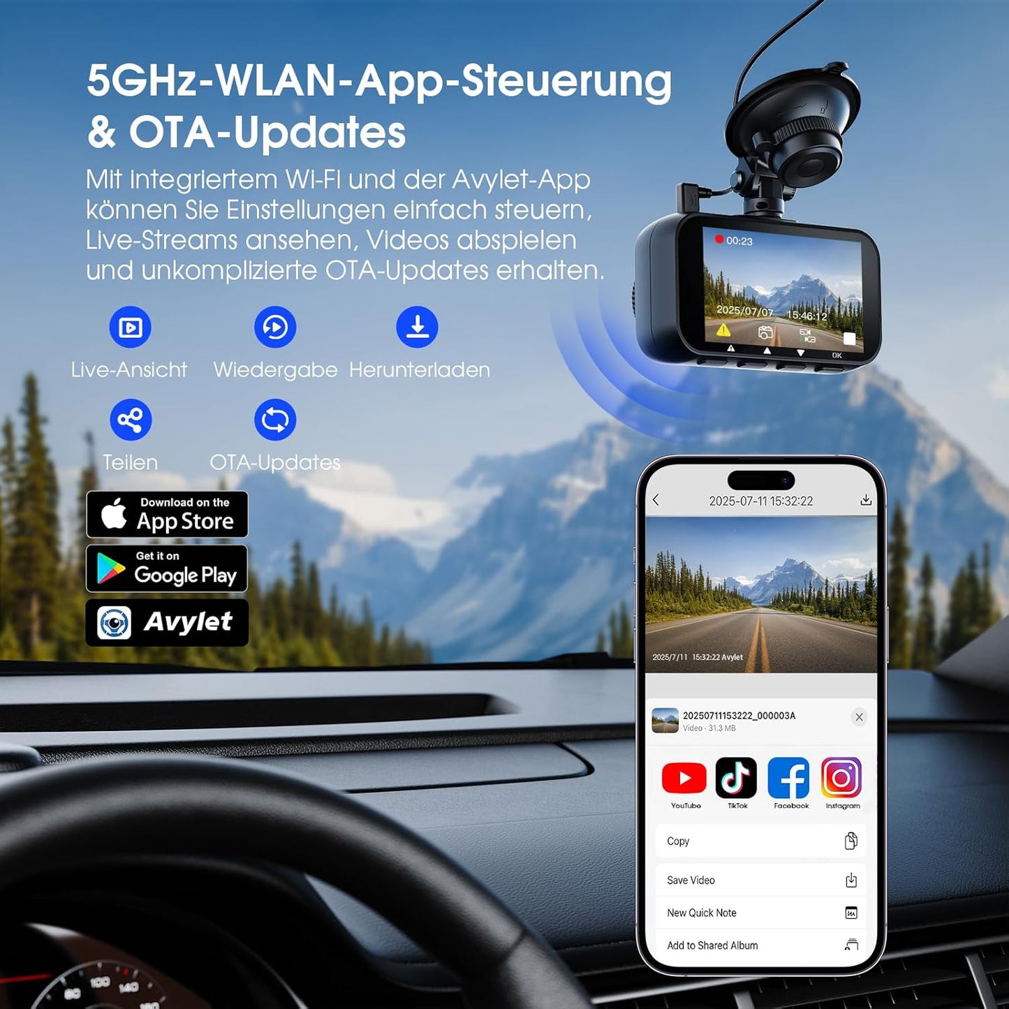 Avylet 4K/2.5K+1080P Dashcam 5GHz WiFi Dual Autokamera mit 64GB SD Karte
