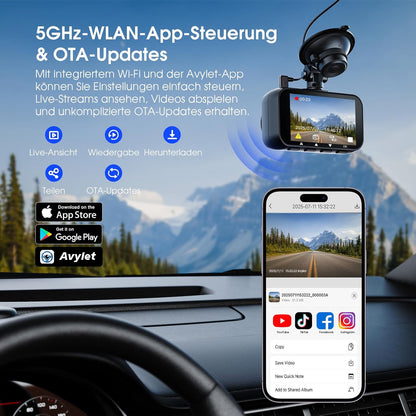 Avylet 4K/2.5K+1080P Dashcam 5GHz WiFi Dual Autokamera mit 64GB SD Karte