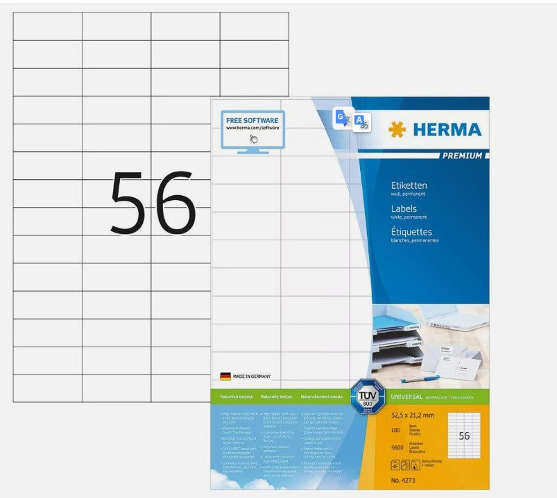 Étiquettes adhésives Herma PREMIUM 4273, 52,5 x 21,2 mm, blanches, paquet de 5 600