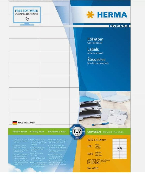 Étiquettes adhésives Herma PREMIUM 4273, 52,5 x 21,2 mm, blanches, paquet de 5 600
