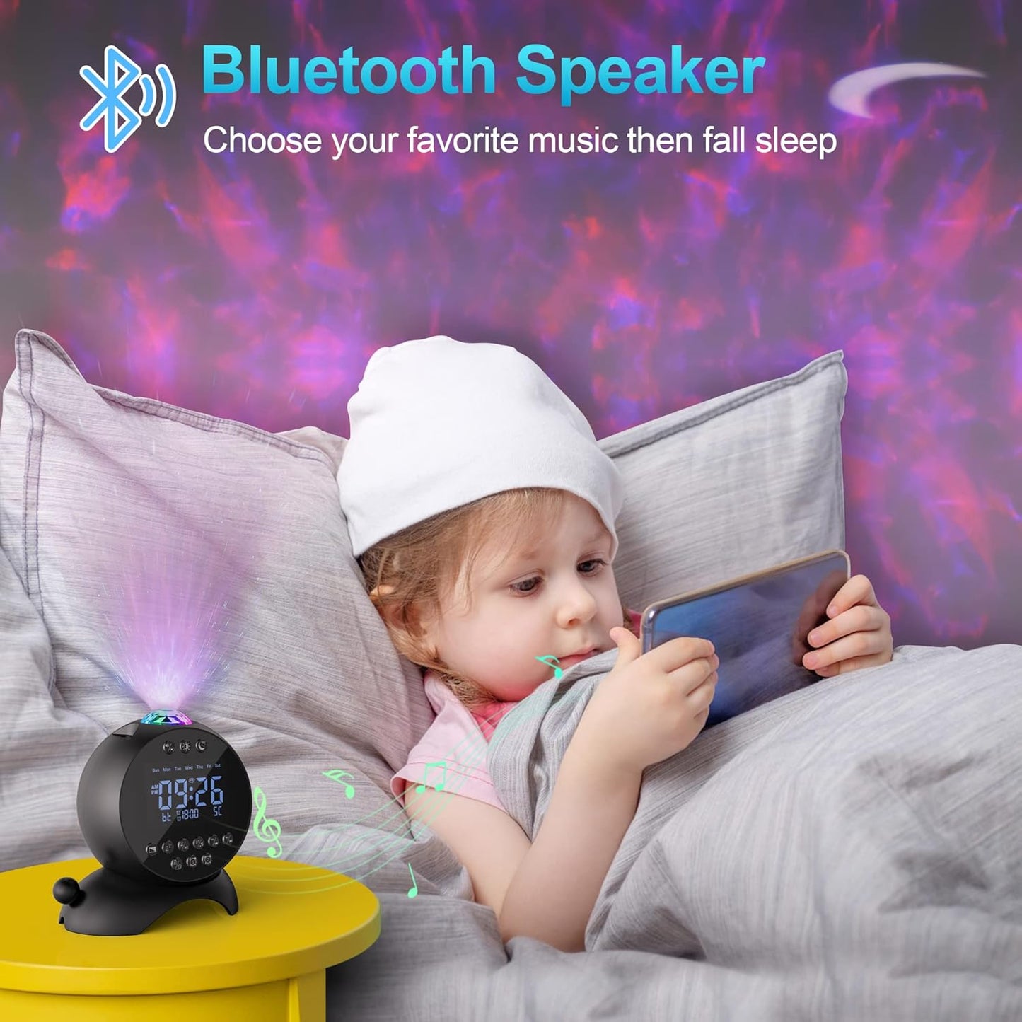 ARVOV Wecker Sternenhimmel projektor, Galaxy Nightprojector, Bluetooth Lautsprecher Soundmaschine 14 beruhigende Geräusche Fernbedienung für Kinder Erwachsene