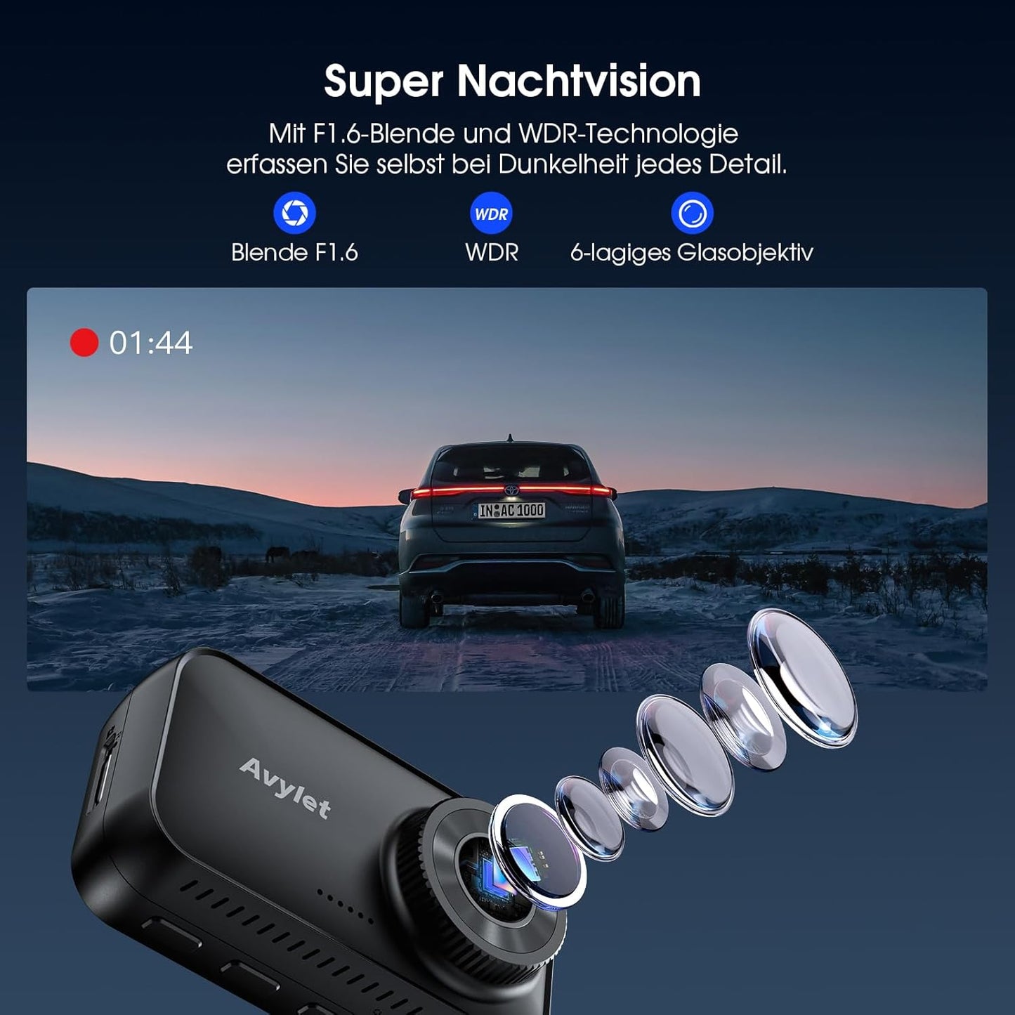 Avylet 4K/2.5K+1080P Dashcam 5GHz WiFi Dual Autokamera mit 64GB SD Karte