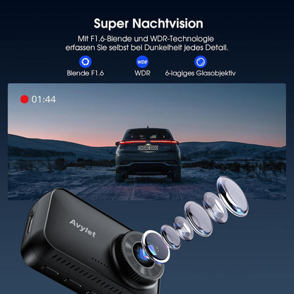 Avylet 4K/2.5K+1080P Dashcam 5GHz WiFi Dual Autokamera mit 64GB SD Karte