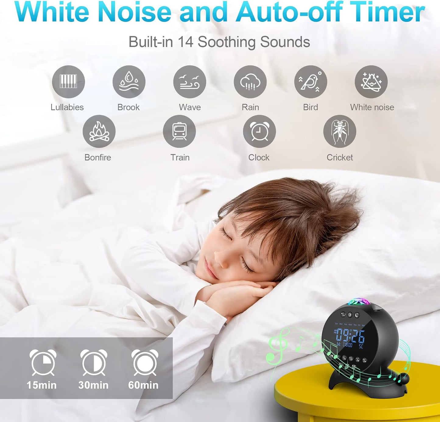 ARVOV Wecker Sternenhimmel projektor, Galaxy Nightprojector, Bluetooth Lautsprecher Soundmaschine 14 beruhigende Geräusche Fernbedienung für Kinder Erwachsene