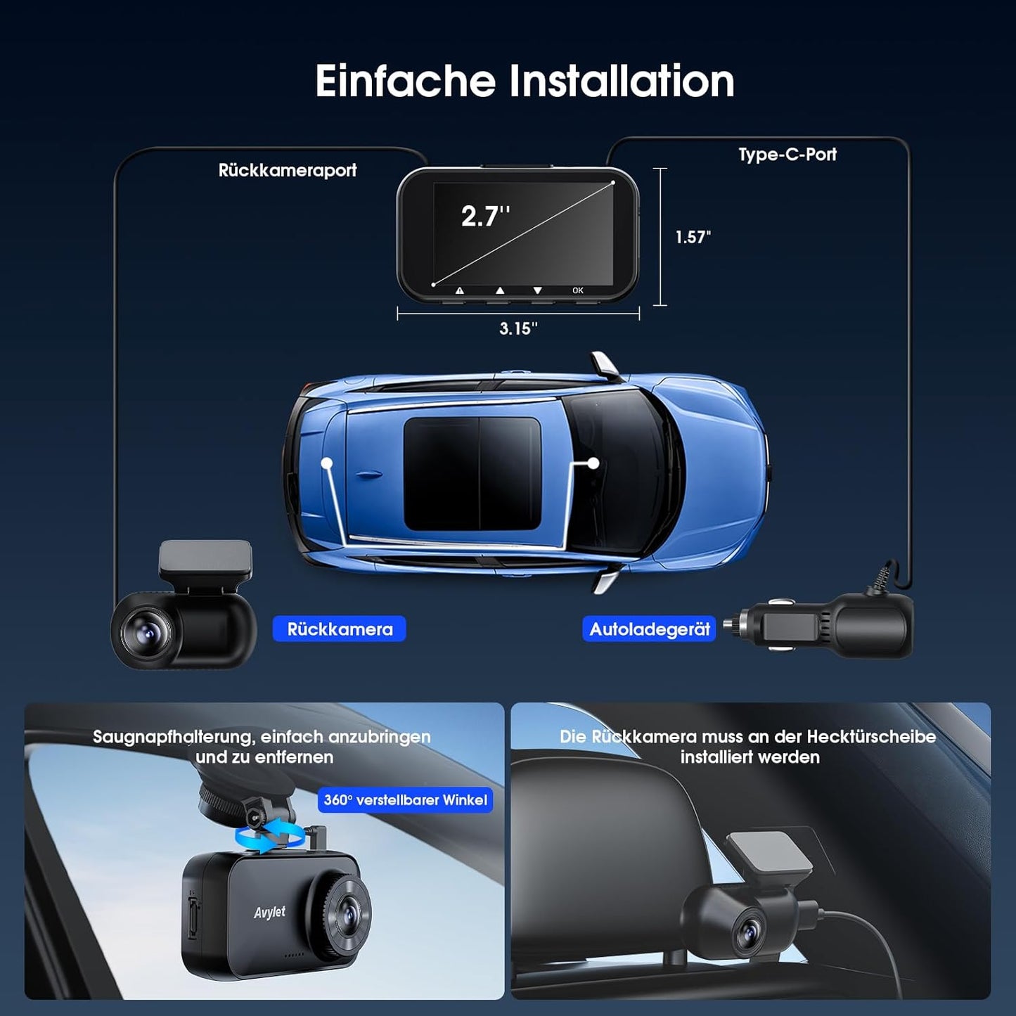 Avylet 4K/2.5K+1080P Dashcam 5GHz WiFi Dual Autokamera mit 64GB SD Karte