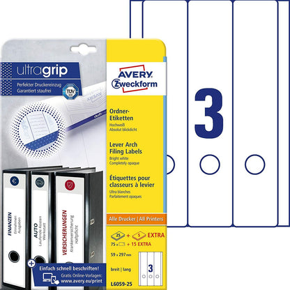 Étiquettes de rangement Avery Zweckform L6059-25, format A4 avec adhérence ultra-résistante, 59 x 297 mm, 30 arches/90 étiquettes, blanches
