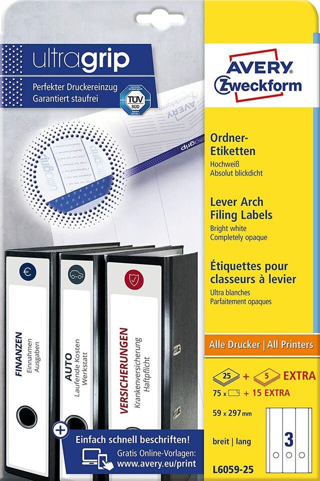 Étiquettes de rangement Avery Zweckform L6059-25, format A4 avec adhérence ultra-résistante, 59 x 297 mm, 30 arches/90 étiquettes, blanches