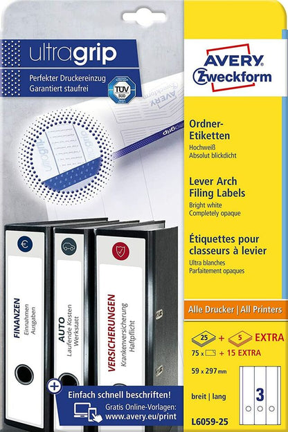 Étiquettes de rangement Avery Zweckform L6059-25, format A4 avec adhérence ultra-résistante, 59 x 297 mm, 30 arches/90 étiquettes, blanches