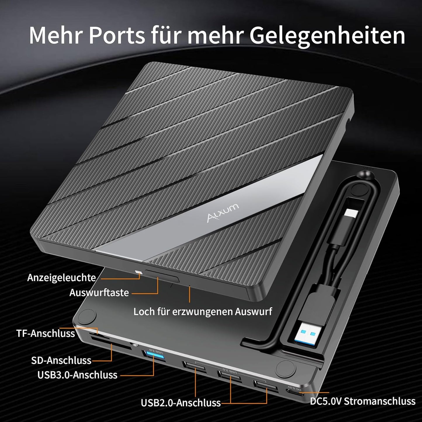 Alxum Externes DVD Laufwerk USB 3.0 Type C CD extern USB mit SD/TF Kartenleser,B36Y