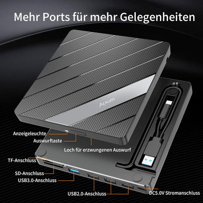 Alxum Externes DVD Laufwerk USB 3.0 Type C CD extern USB mit SD/TF Kartenleser,B36Y