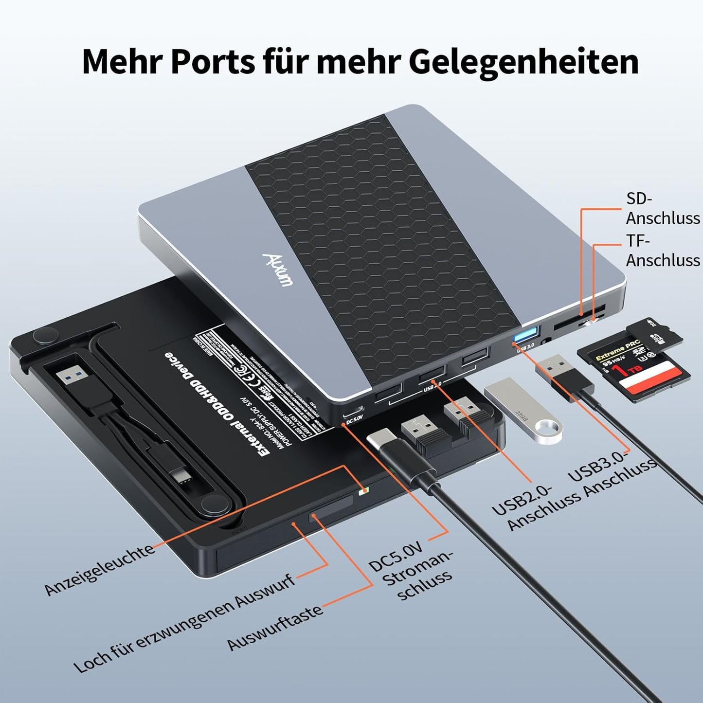 Alxum Externes DVD Laufwerk USB 3.0 Type C CD extern USB mit SD/TF Kartenleser B34Y